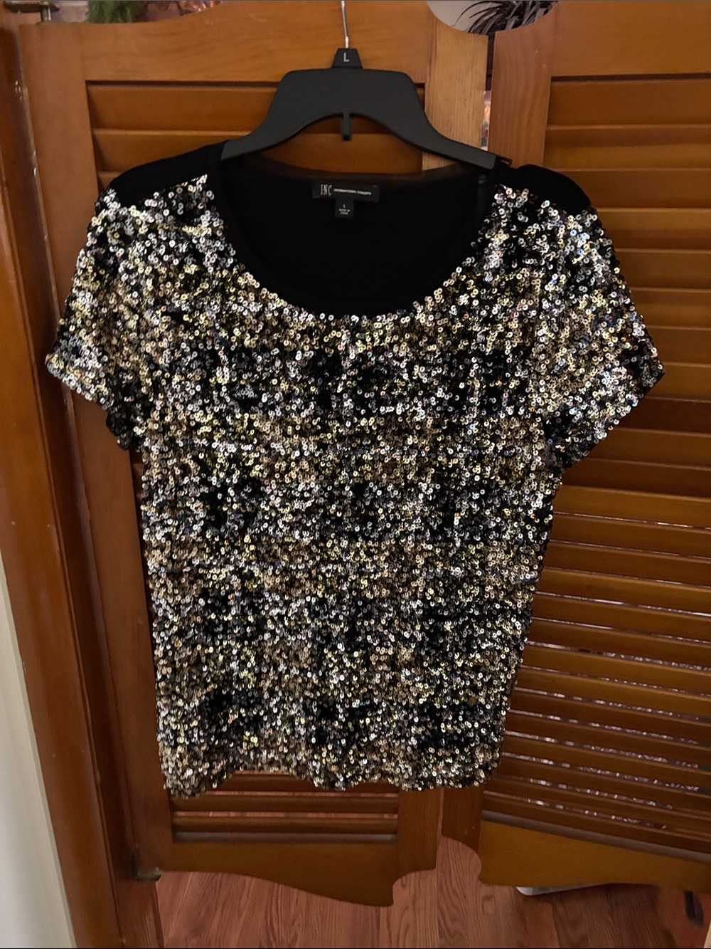 INC International Concepts Black and Gold Sequin Short Sleeve Top